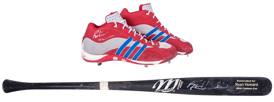 Lot of (2) 2006-07 Ryan Howard Game Used and Signed Items with a 2007 Pair of Adidas Cleats Inscribed and a 2006-07 Marucci RH6 Bat (Ryan Howard Authentic, PSA/DNA & JSA)